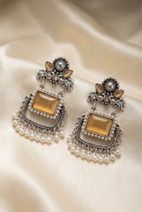 Gold-Tone Teardrop Pearl & Stone Dangle Earrings with Floral Motifs for Traditional Wear