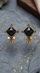 Black Stone Square Drop Stud Earrings with Crystal Teardrop Accents, Gold-Tone Ethnic Fashion Jewellery