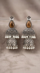 Oxidised Silver-Finish Jhumka Earrings with Floral Stud and Pearl Bead Drops for Women
