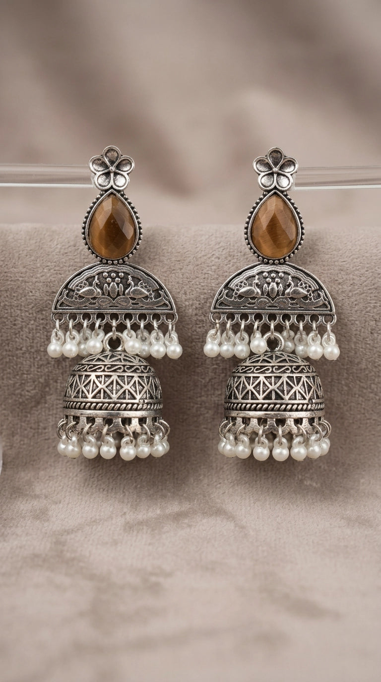 Oxidised Silver-Finish Jhumka Earrings with Floral Stud and Pearl Bead Drops for Women
