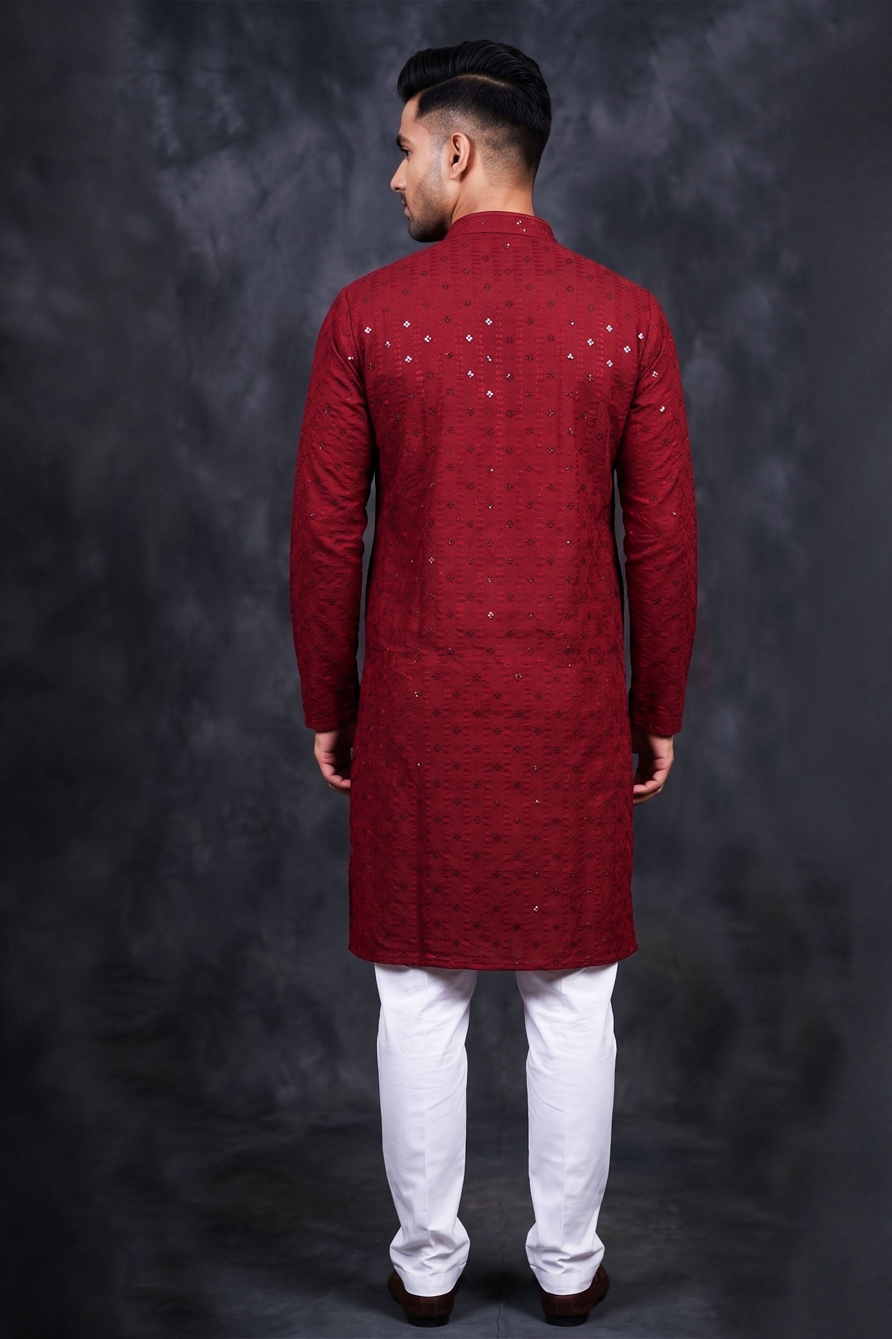 Maroon Men's Lakhnavi Kurta with Resham Embroidery - AI Model Photo 1