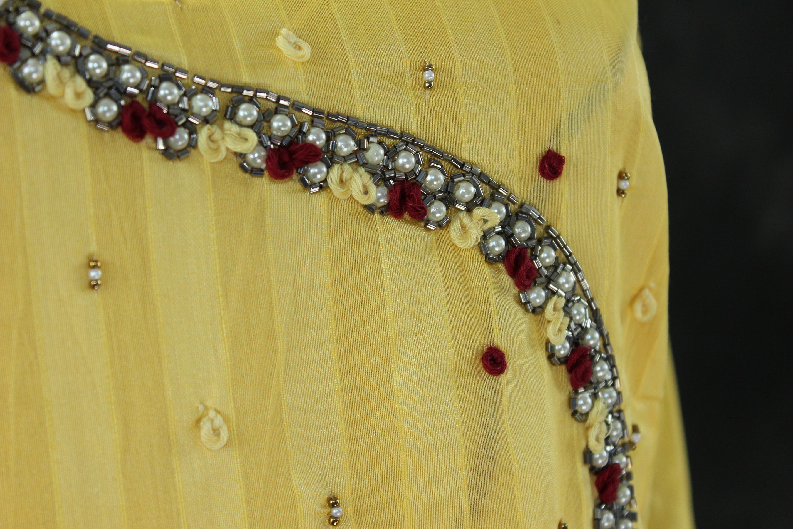 Yellow Silk Cotton Kurti with Elastic Pant Set, Aari and Thread Work with Beads for Women