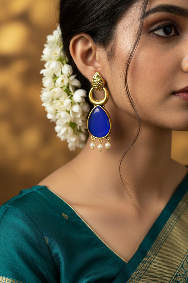 Gold-Tone Blue Teardrop Ethnic Earrings with Pearl Drops – Traditional Fashion Jewellery