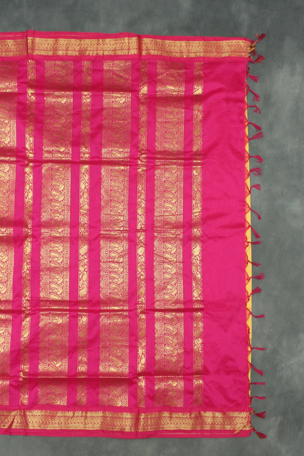 Silk Cotton Yellow & Pink Saree with Grand Pallu and Thick Zari Border