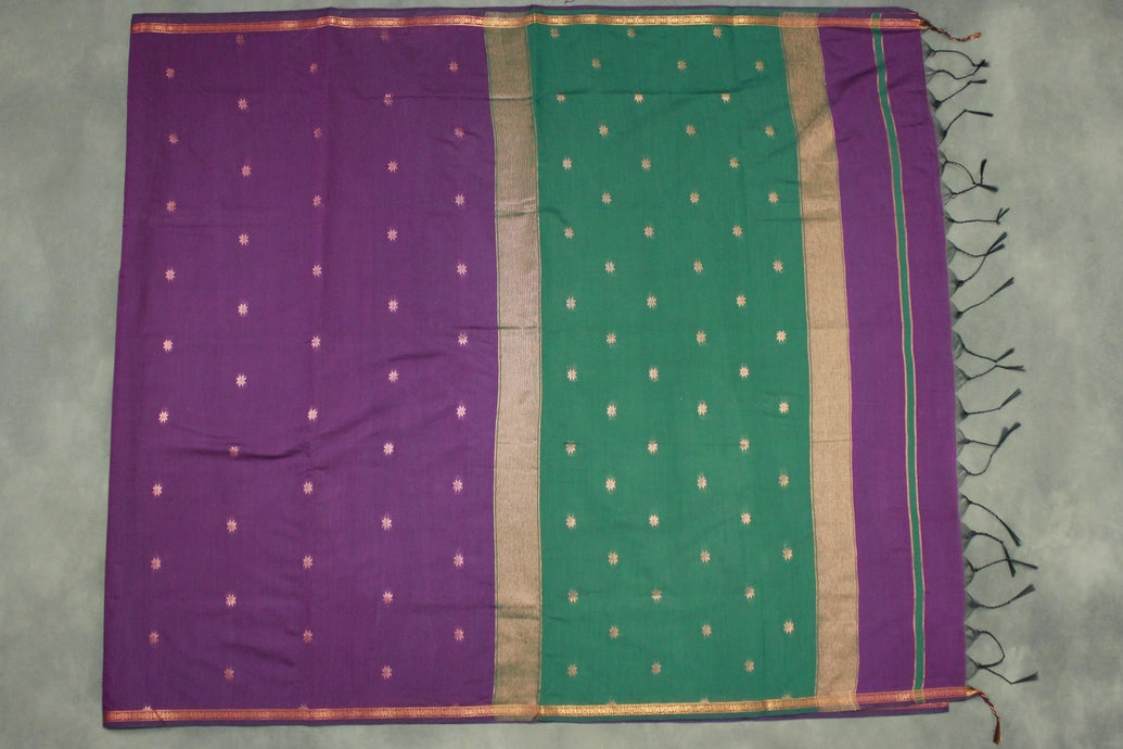 Maheswari Silk Cotton Saree in Purple with Small Butta and Zari Border