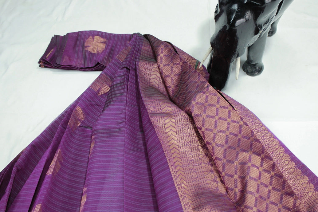 Violet Silk Cotton Saree with Zari Border and Self Texture, Blouse Included