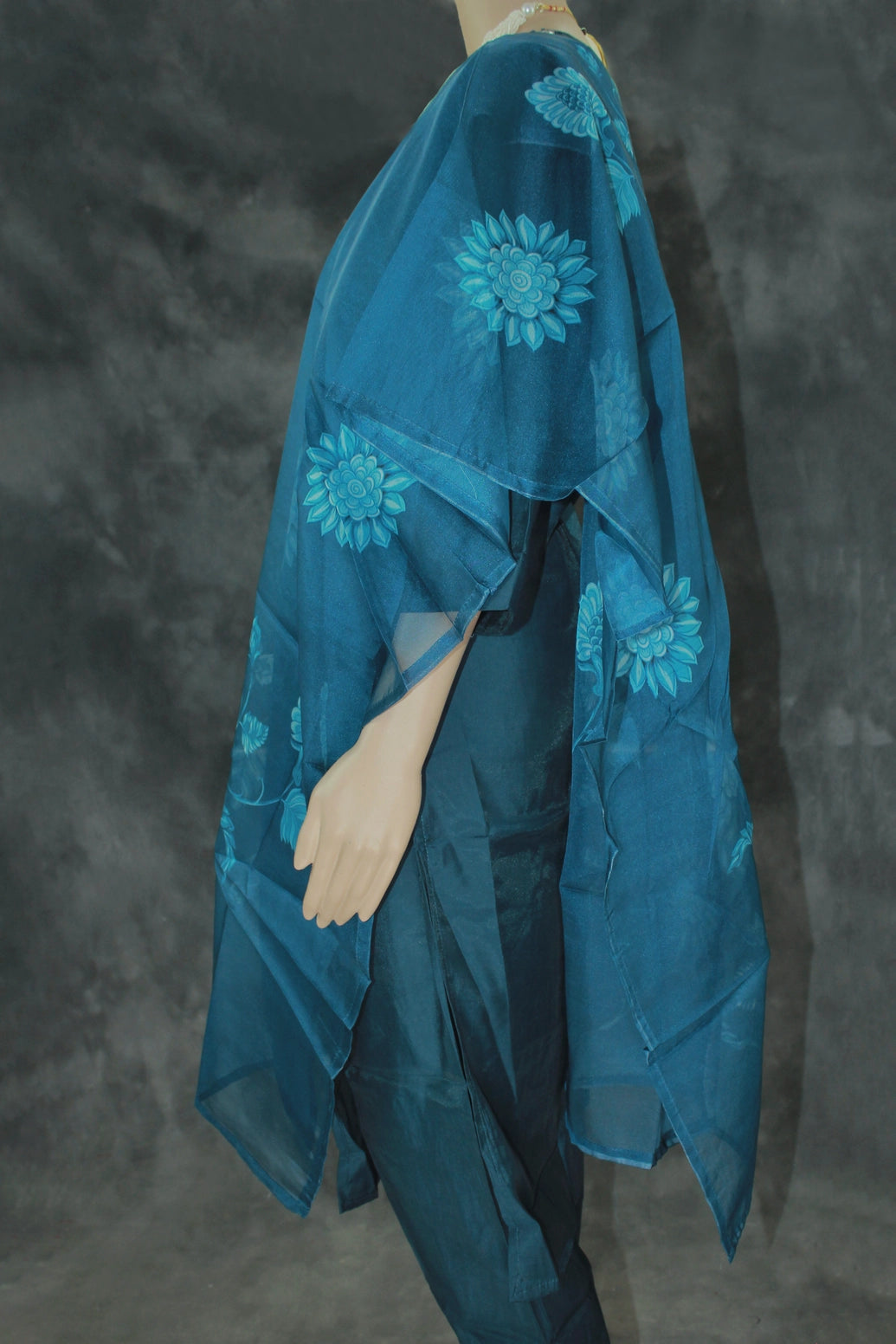 Navy Blue Silk 3-Piece Pakistani Salwar Set with Embroidered V-Neck Kurti, Elastic Pants & Organza Dupatta