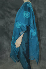 Navy Blue Silk 3-Piece Pakistani Salwar Set with Embroidered V-Neck Kurti, Elastic Pants & Organza Dupatta