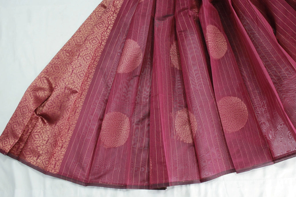 Maroon Silk Cotton Saree with Zari Border, Borderless Finish and Matching Blouse
