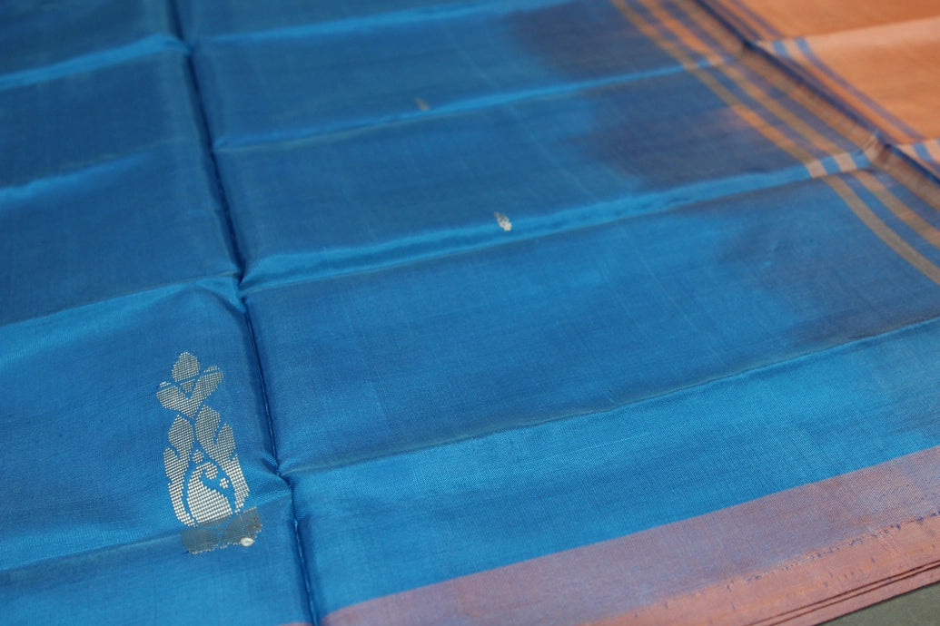 Peach Orange Vaazhai Naar (Banana Pith) Saree with Blue Stripe Pallu and Small Buttas