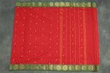 Red Poly Cotton Saree with Green Zari Floral Border and Gold Butta Motifs Saree JCS Fashions