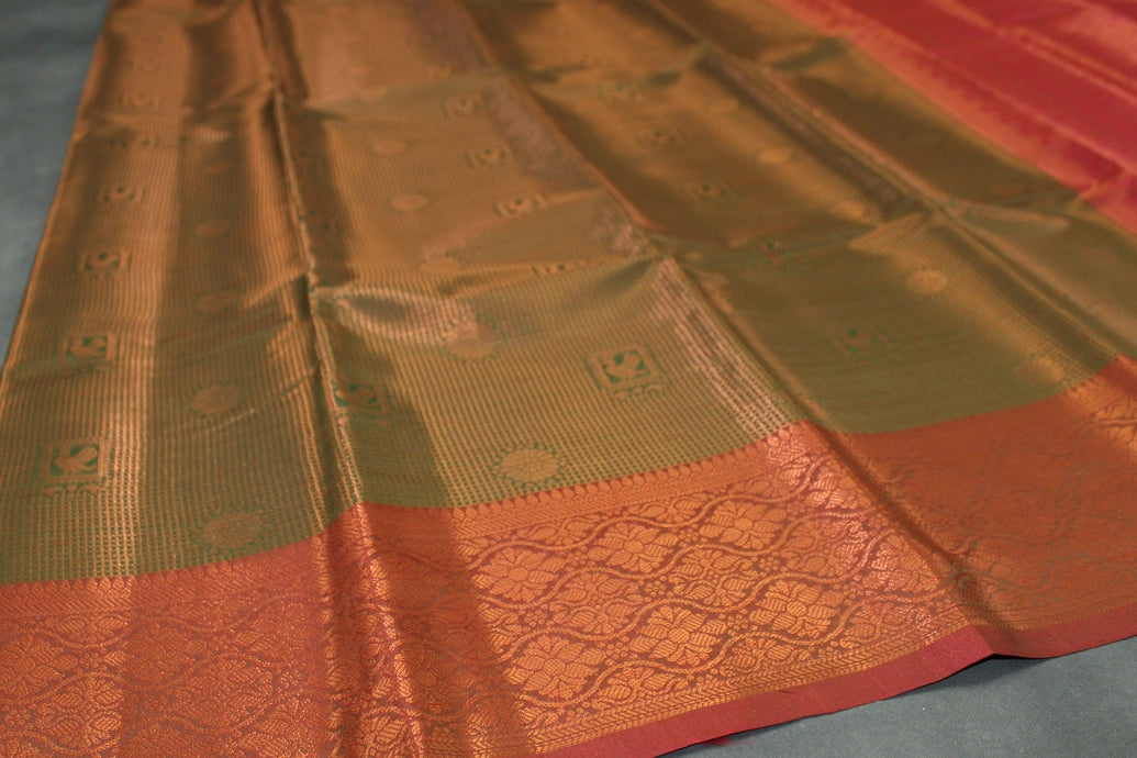 Bridal Kubera Pattu Saree with Full Zari Work and Rich Border - Olive Green Cotton