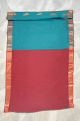 Teal Soft Silk Saree with Contrast Border and Gold Zari Buttas, Traditional Floral Border