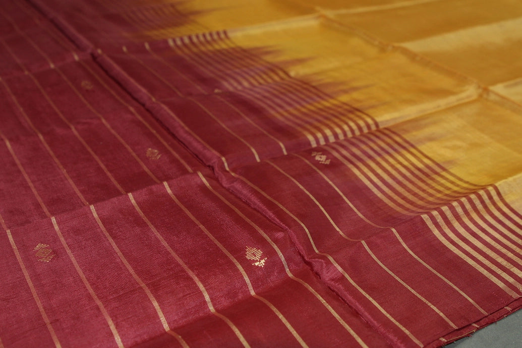 Traditional Orange Vaazhai Naar (Banana Pith) Borderless Saree with Small Butta Motifs and Contrast Pallu