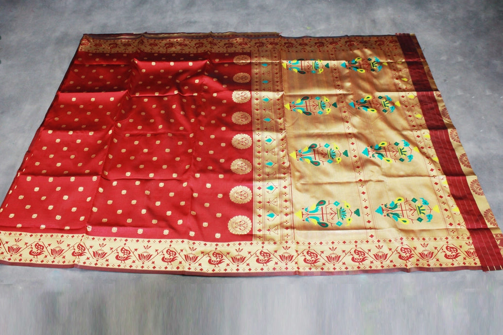 Maroon Paithani Pure Silk Saree with Zari Woven Peacock Pallu and Design Border