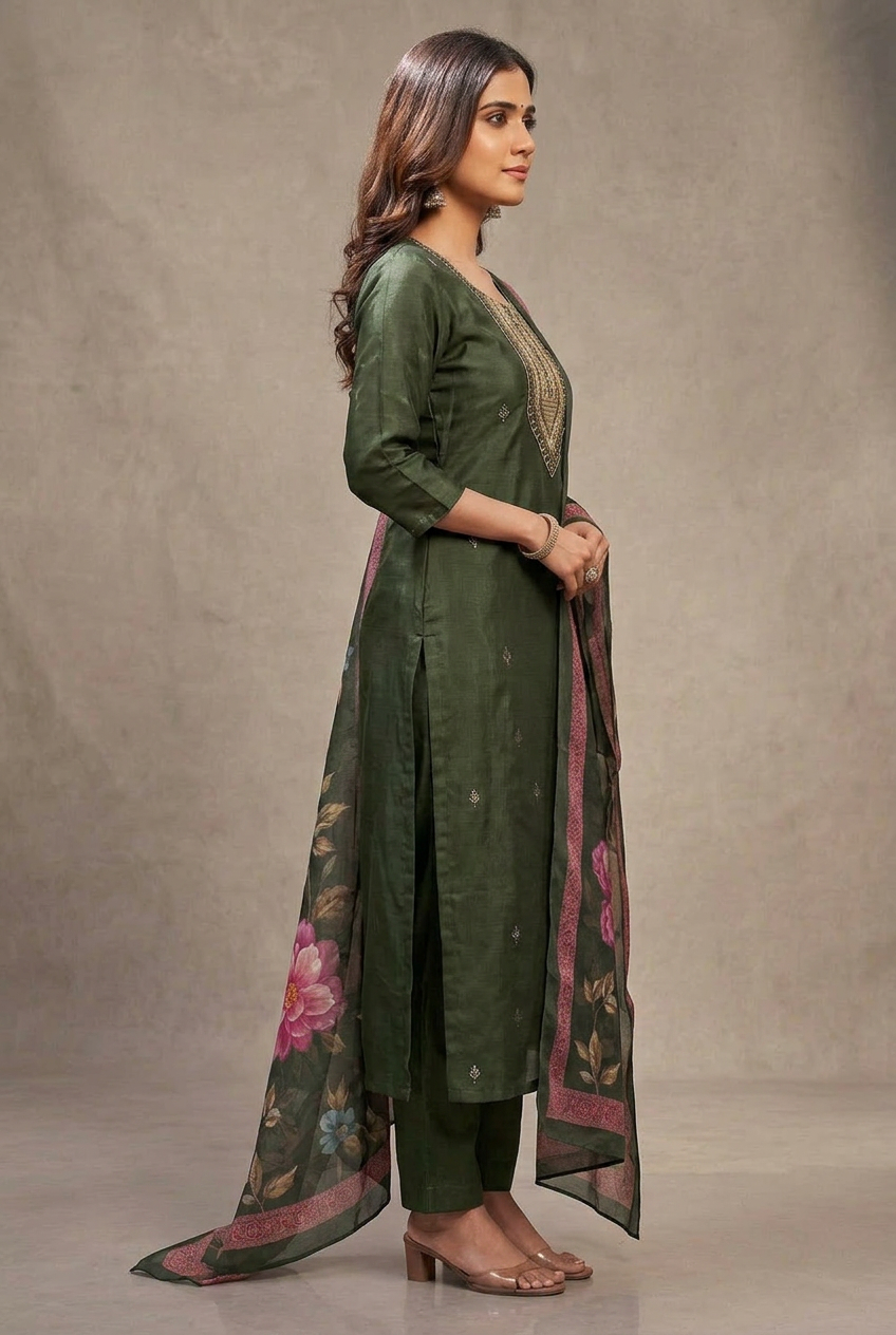 Green Roman Silk Kurta Set with Digital Organza Dupatta and Zari-Sequence Neckline Detail (3-Piece)