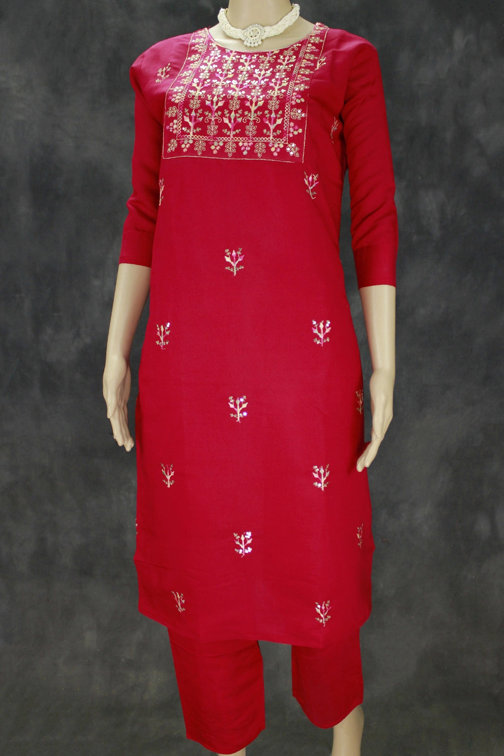Elegant Dark Pink Roman Silk 3-Piece Kurta Set