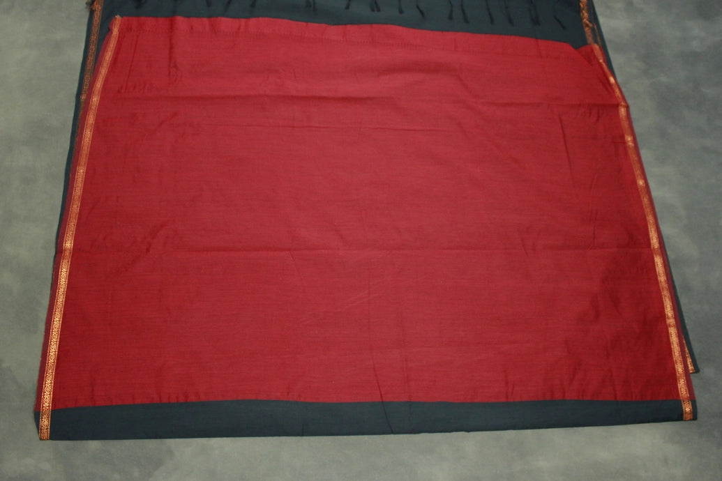 Black Maheswari Silk Cotton Saree with Small Butta and Zari Border, Blouse Piece Included