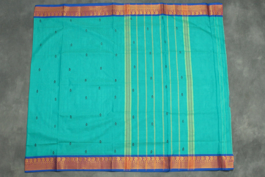 Teal Green Poly Cotton Saree with Gold-Tone Zari Border, Butta Motifs and Line Pallu - Traditional Indian Saree Saree JCS Fashions