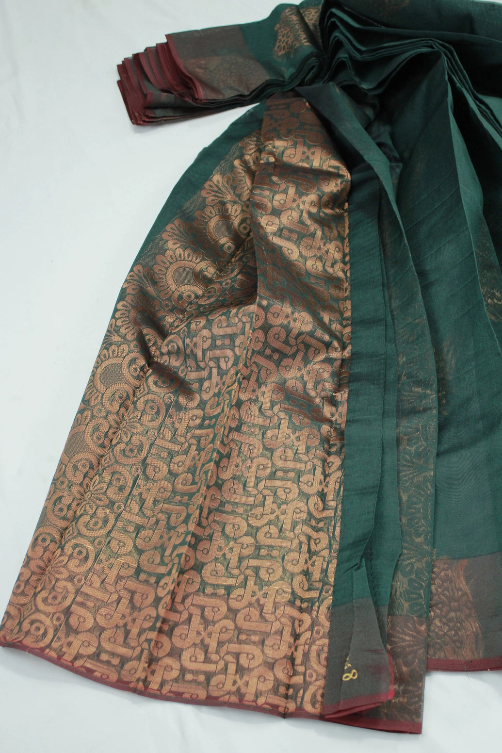 Dark Green Silk Cotton Saree with Zari Border and Matching Blouse