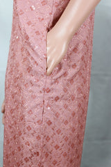 Men Onion Pink Lakhnavi Kurta with Jacquard Pattern, Band Collar & Button Placket