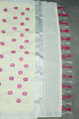 Half White Kerala Cotton Saree With Silver Zari Floral Embroidery and Thread Work