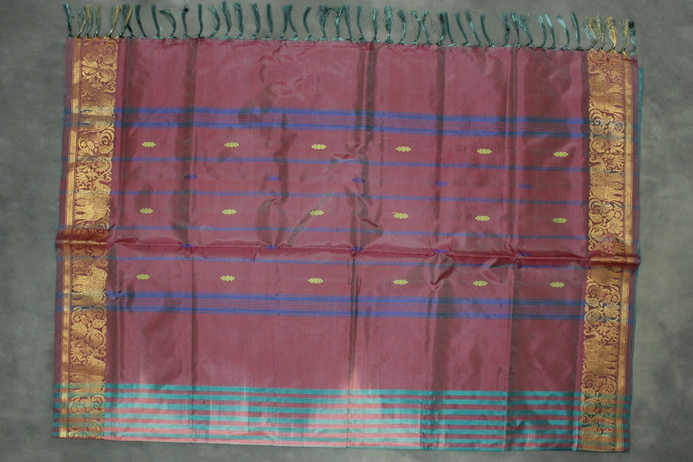 Teal and Maroon Vaazhai Naar Saree with Zari Border and Small Buttas