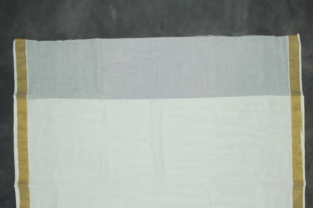 White Kerala Cotton Saree with Gold Zari and Purple Peacock Machine Embroidery, Includes Blouse Piece