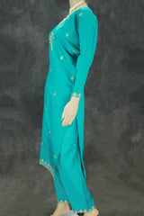 Rama Green Roman Silk 3-Piece Kurti Set with Elastic Pant & Digital Print Dupatta for Women