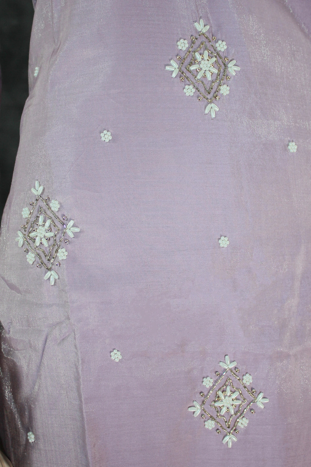 Lavender Shimmer 3-Piece Kurti Set with Aari & Pearl Embroidery, Elastic Pants and Printed Organza Dupatta