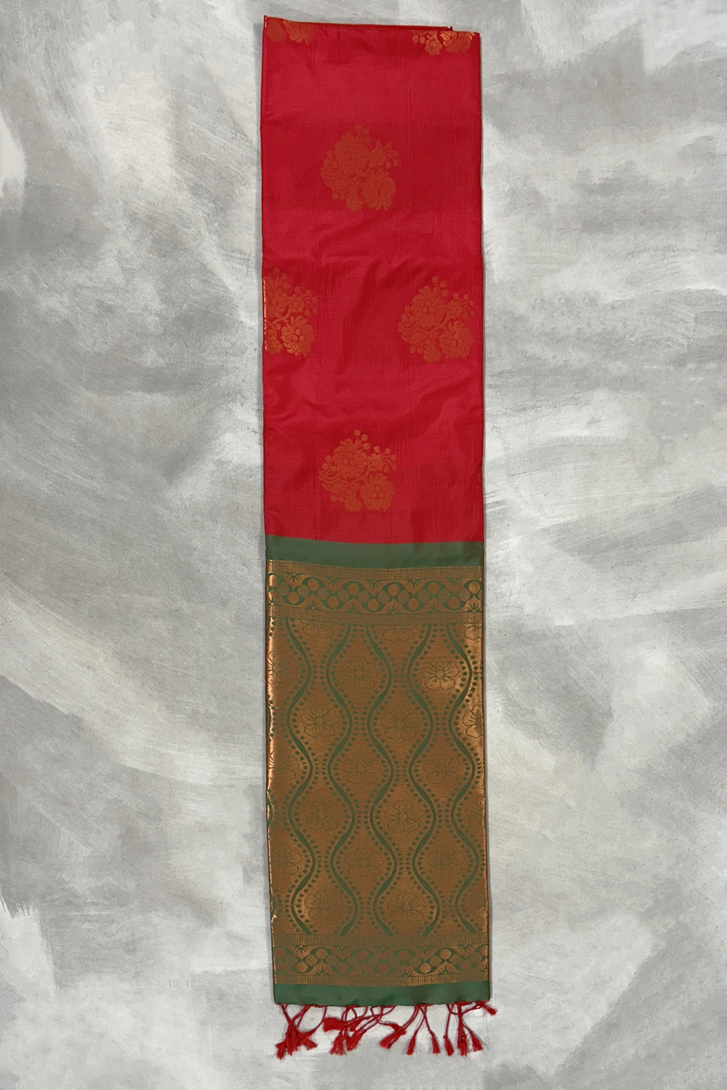 Red Korvai Soft Silk Saree with Gold Zari Buttas and Floral Border, Blouse Included