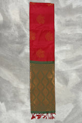 Red Korvai Soft Silk Saree with Gold Zari Buttas and Floral Border, Blouse Included