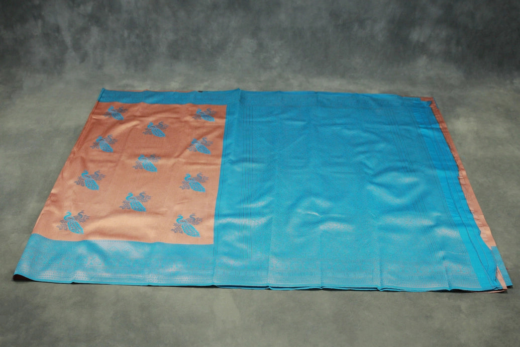 Kubera Pattu Saree Pastel Orange with Big Peacock Motif & Big Zari Border, Semi Silk Saree with Blouse