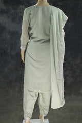 Pastel Green 3-Piece Chiffon Kurti Set with Stone Work, Elastic Pant & Embroidered Dupatta for Women