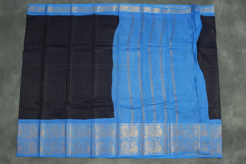 Pure Sungudi Cotton Navy Blue Checked Saree with Contrasting Blue Pallu & Peacock Gold Zari Double Border Saree JCS Fashions
