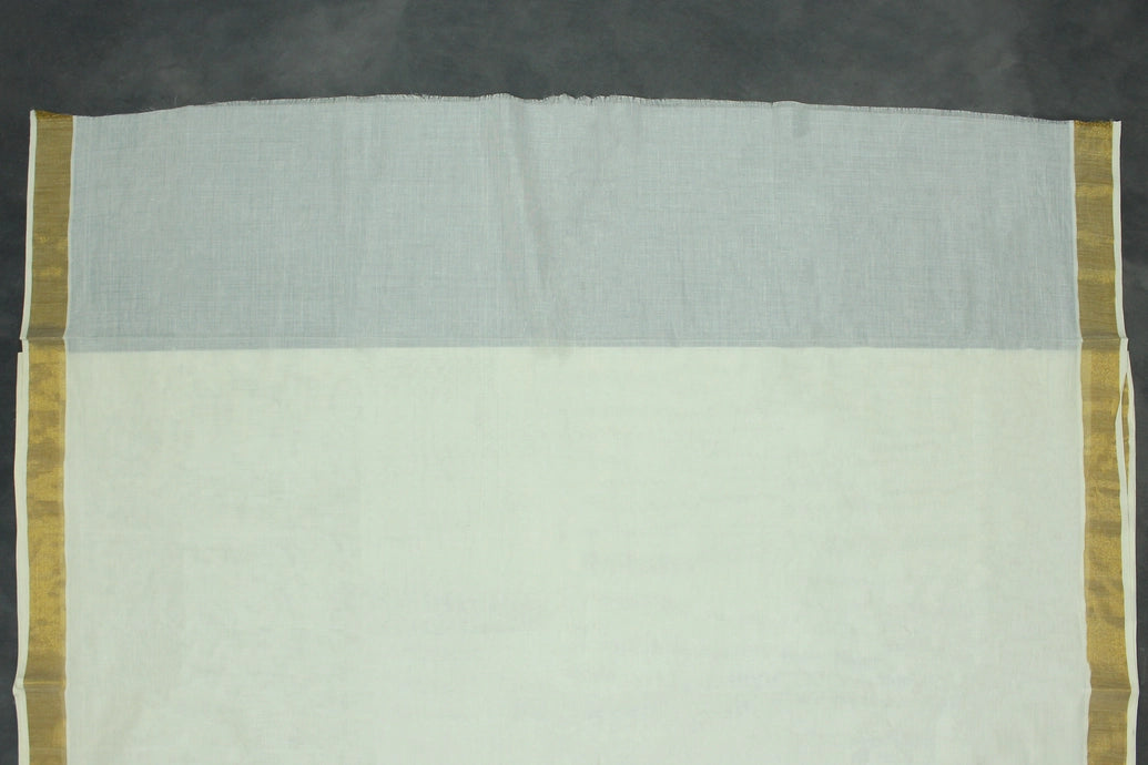 Pure Kerala Cotton White Saree with Gold Zari Peacock Embroidery and Blouse Piece
