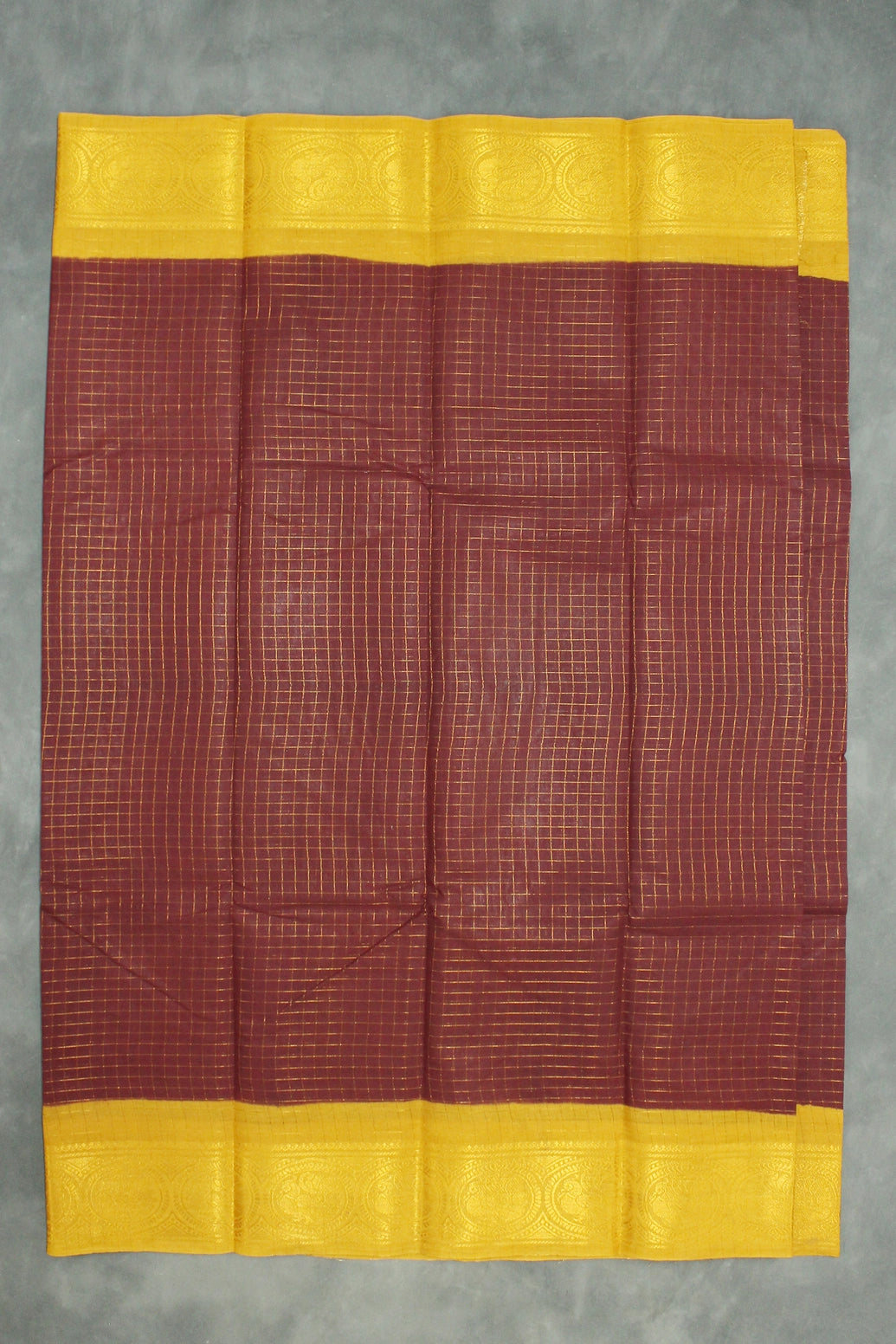 Pure Sungudi Cotton Checked Saree with Peacock Gold Zari Double Border - Brown Saree JCS Fashions