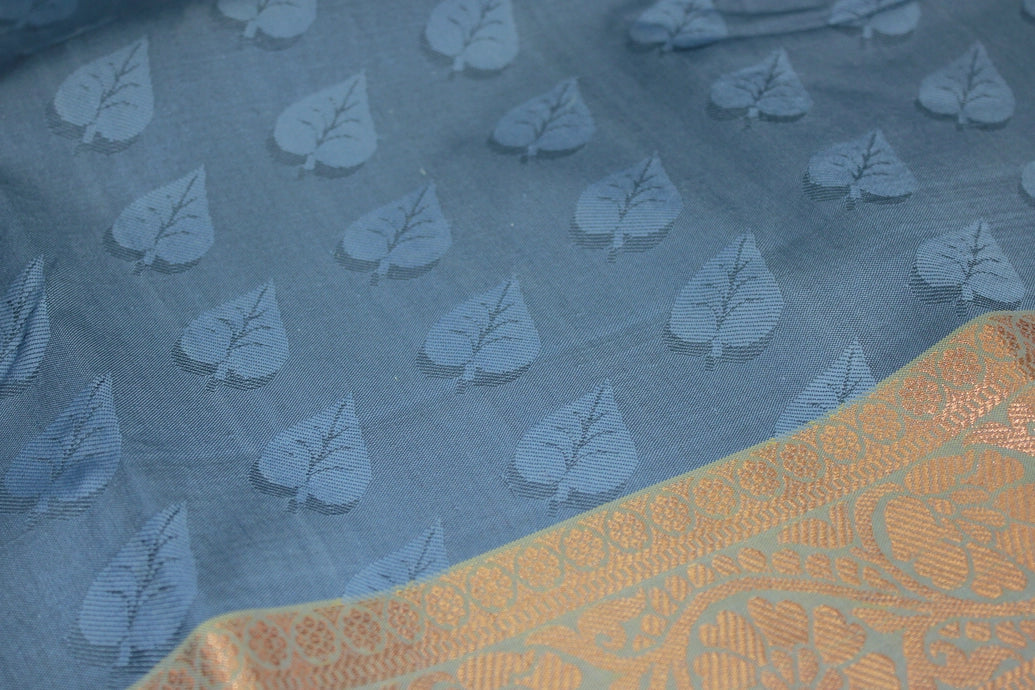 Grey Semi Silk Emboss Saree with Elegant Border, Leaf Motif Weave and Traditional Look