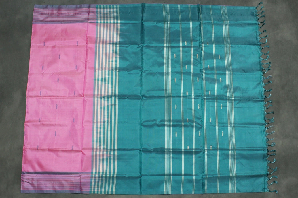 Banana Pith (Vaazhai Naar) Borderless Saree in Teal and Light Pink with Small Butta