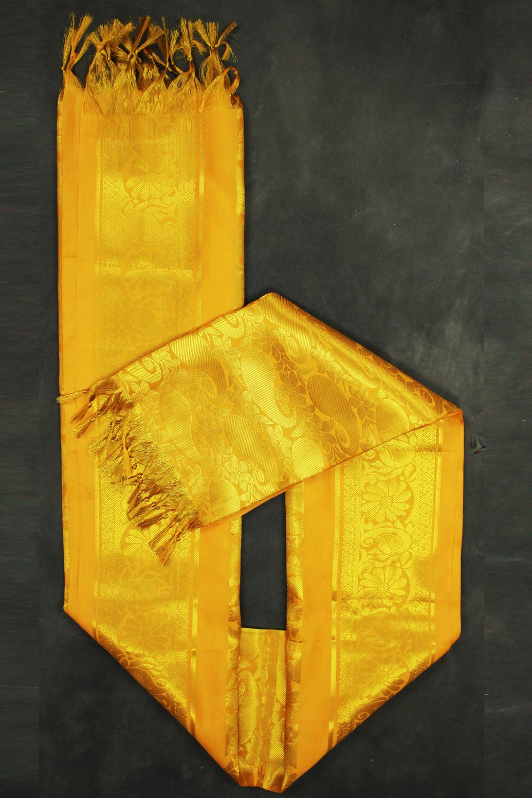 Yellow Zari Pattu Shawl with Fringe for Ponnadai, Arangetram and Traditional Events