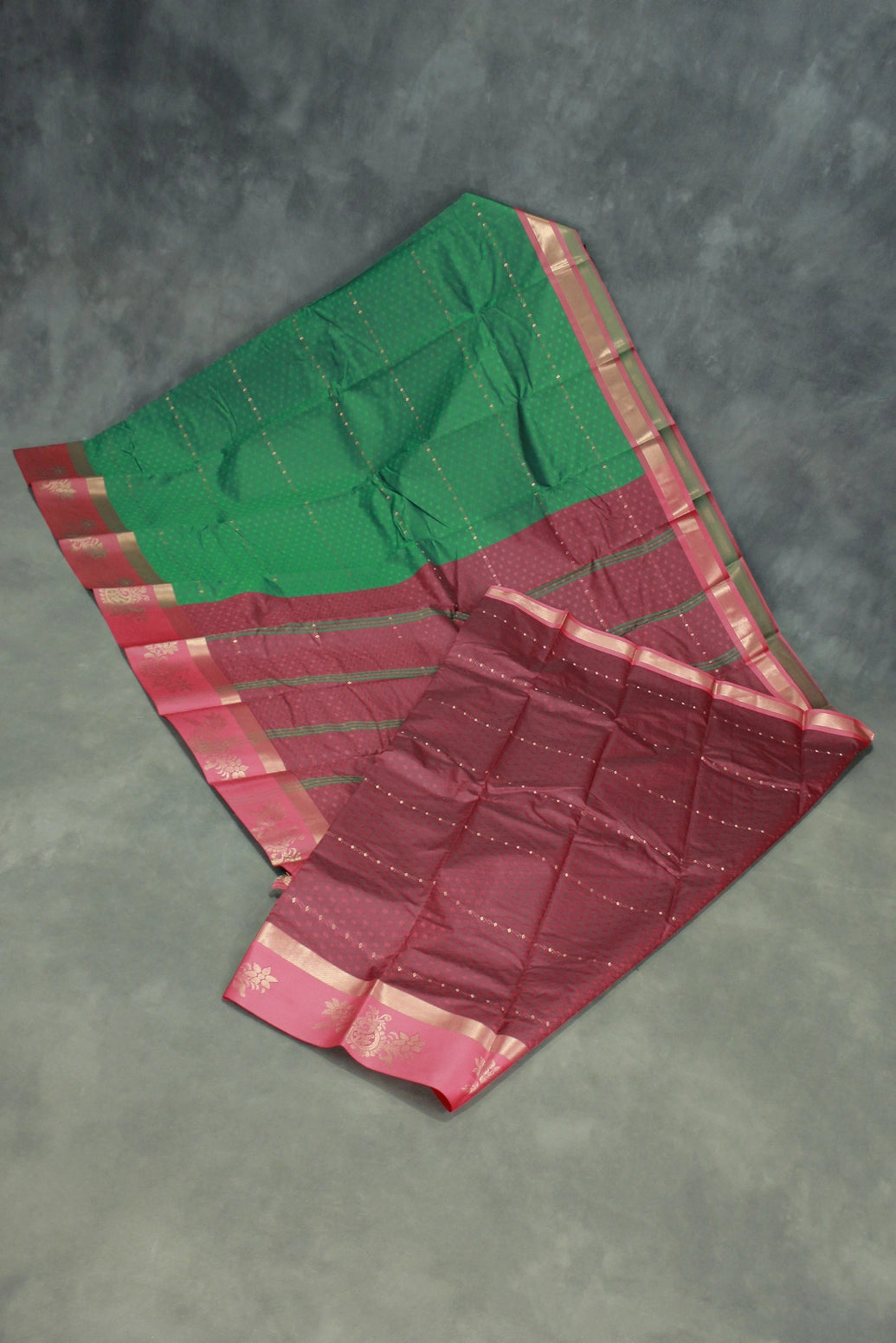 Green Emboss Silk Saree with Floral Design Satin Border and Matching Blouse