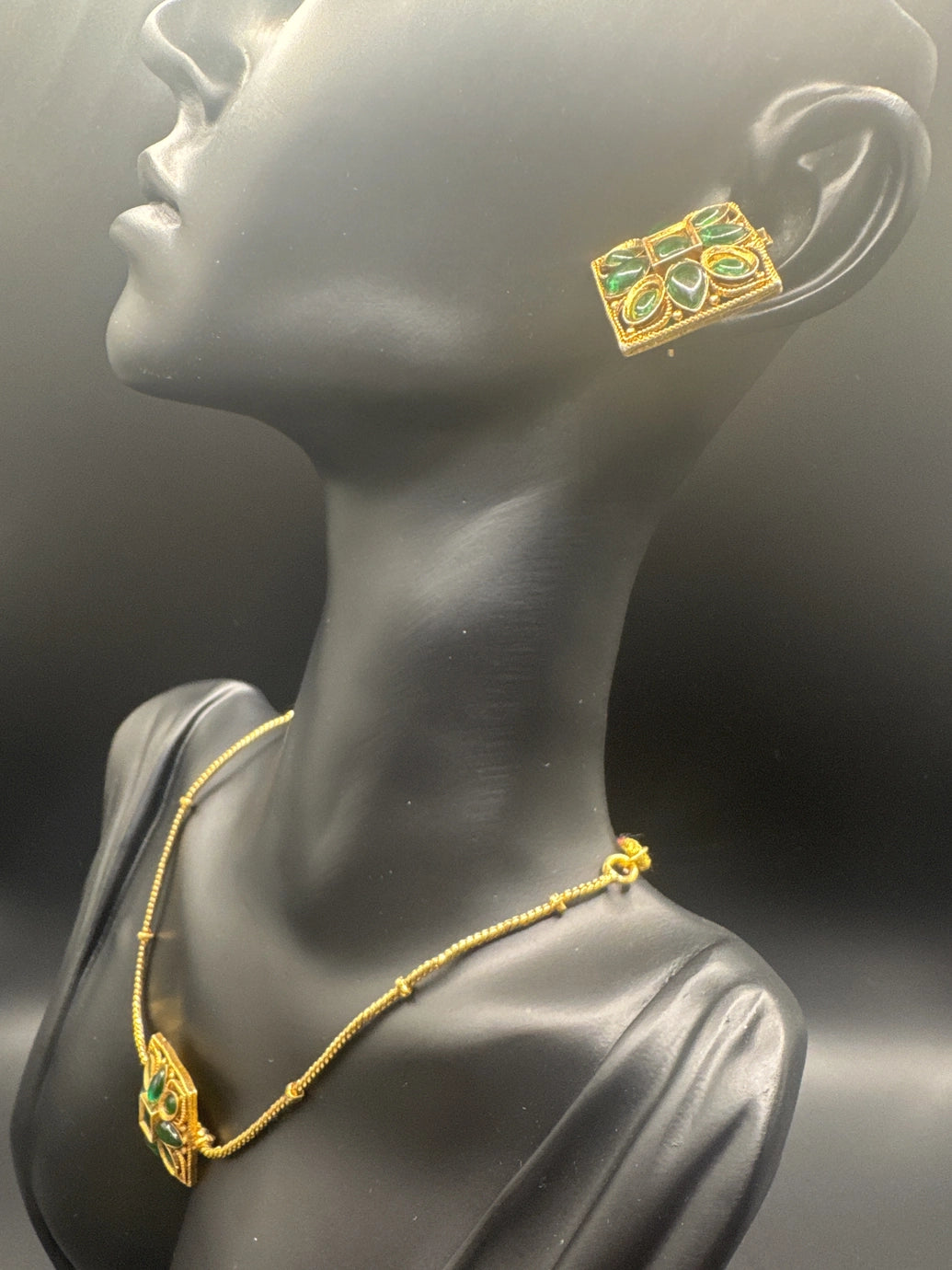 Gold-Tone Green Stone Traditional Necklace Set with Matching Studs Jewelry JCS Fashions