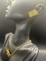 Gold-Tone Green Stone Traditional Necklace Set with Matching Studs Jewelry JCS Fashions