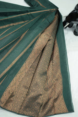 Dark Green Silk Cotton Saree with Zari Border and Blouse Piece, Border Less Design for Women