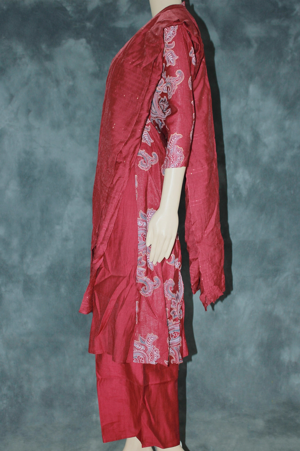 Maroon Cotton 3-Piece Kurti Set with Elastic Pant & Chiffon Dupatta, V Neck Embroidered Sequin Work