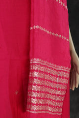 Deep Pink Aari Pearl Embroidered Kurti Pant & Dupatta 3-Piece Set for Women