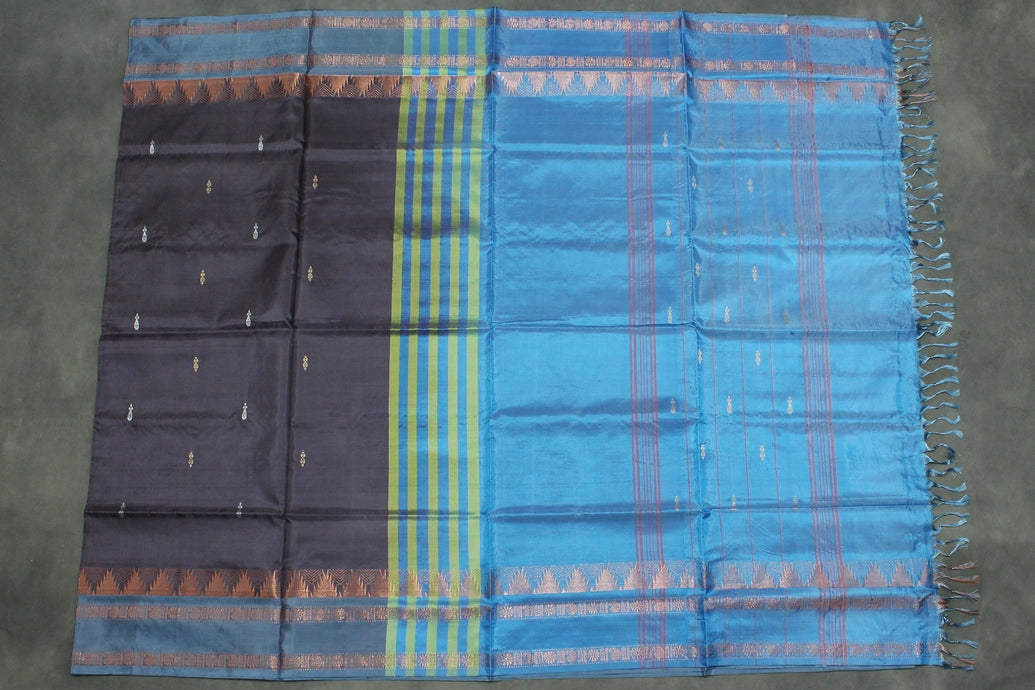 Blue Vaazhai Naar (Banana Pith) Saree with Copper Zari Border and Small Buttas