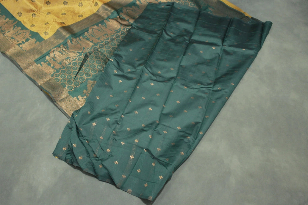 Mustard Kubera Silk Semi Silk Saree with Pallakku Design Border and Blouse, Traditional Woven Saree for Women