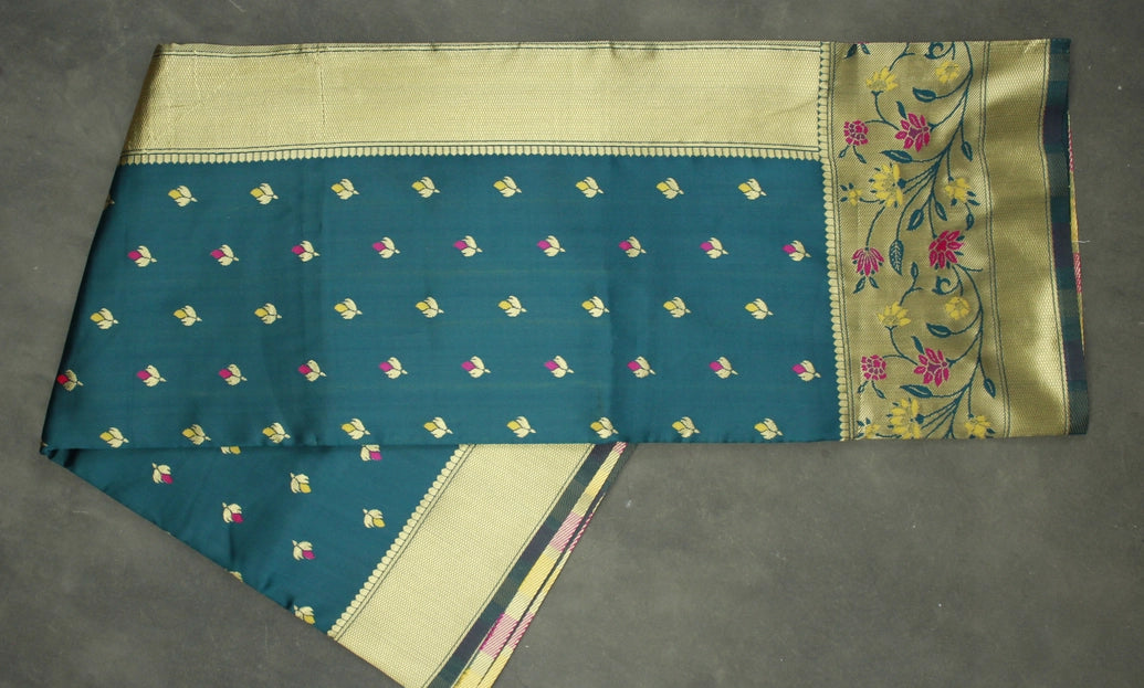 Kamal Paithani Silk Floral Pallu Saree with Design Border, Bottle Green Full Body Butties and Blouse
