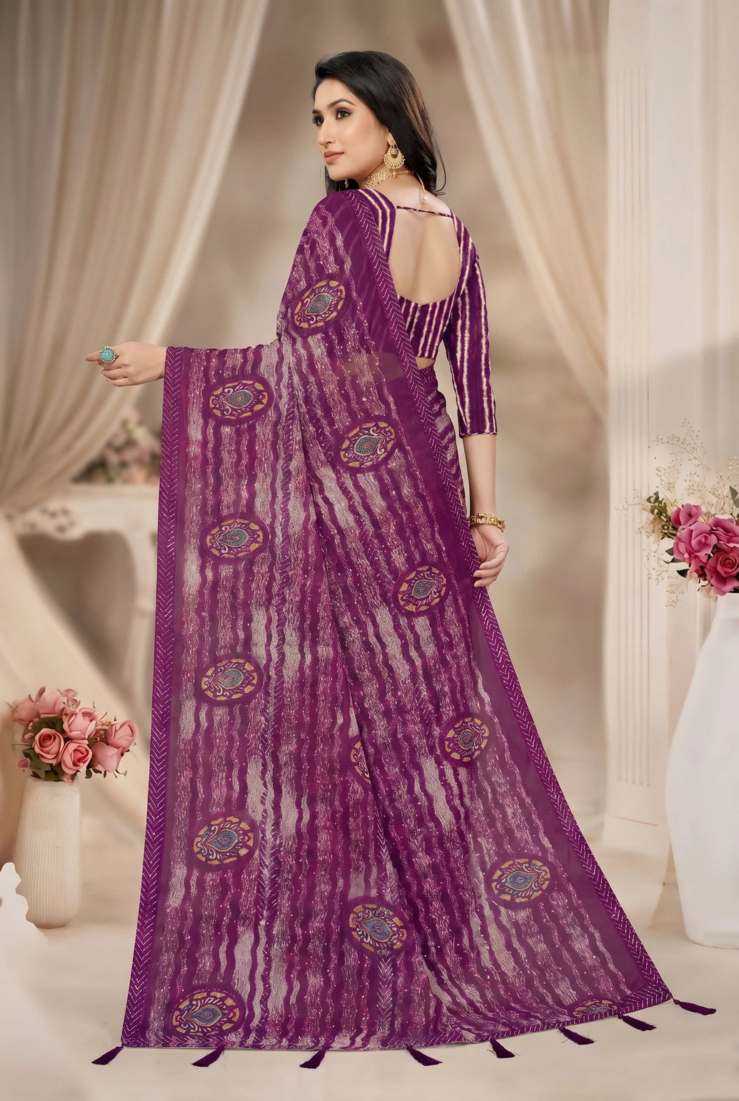 Purple Georgette Saree with Zari-Style Full Sequin/SiroSki Work, Printed Stripes & Floral Motifs Border